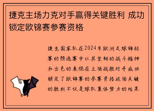 捷克主场力克对手赢得关键胜利 成功锁定欧锦赛参赛资格